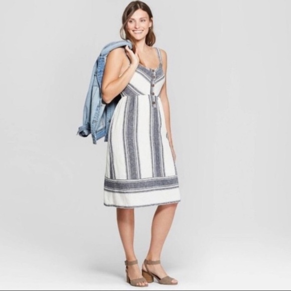 Universal thread sleeveless V-neck striped button-down dress‎ XS linen straps - Picture 1 of 4